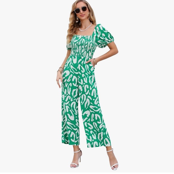 Pants - Green Floral Wide Leg Jumpsuit